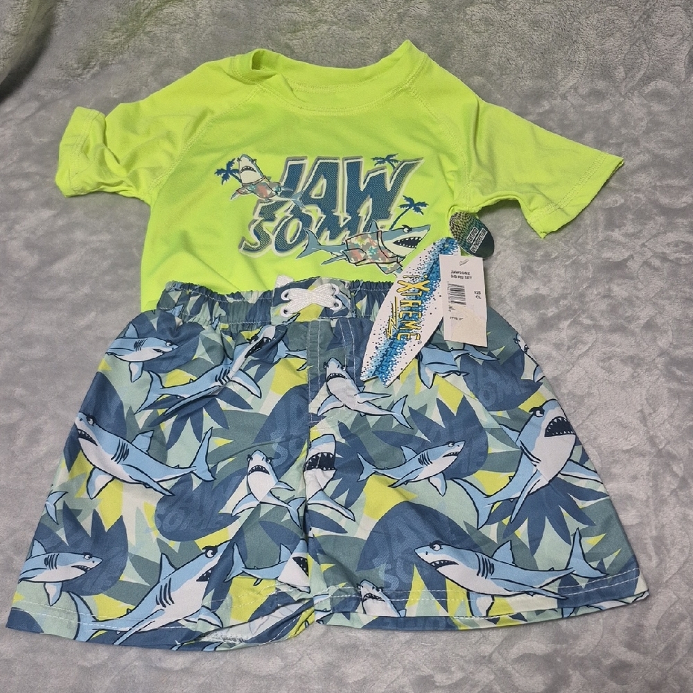 Kids Lime Green Shark Rashguard Set